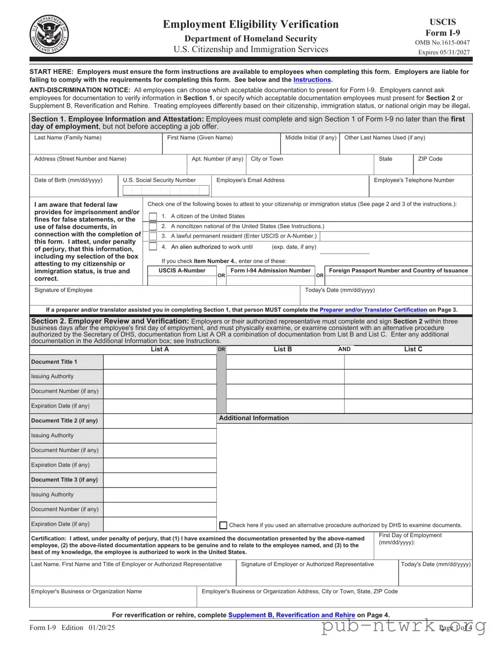 Blank USCIS I-9 PDF Form