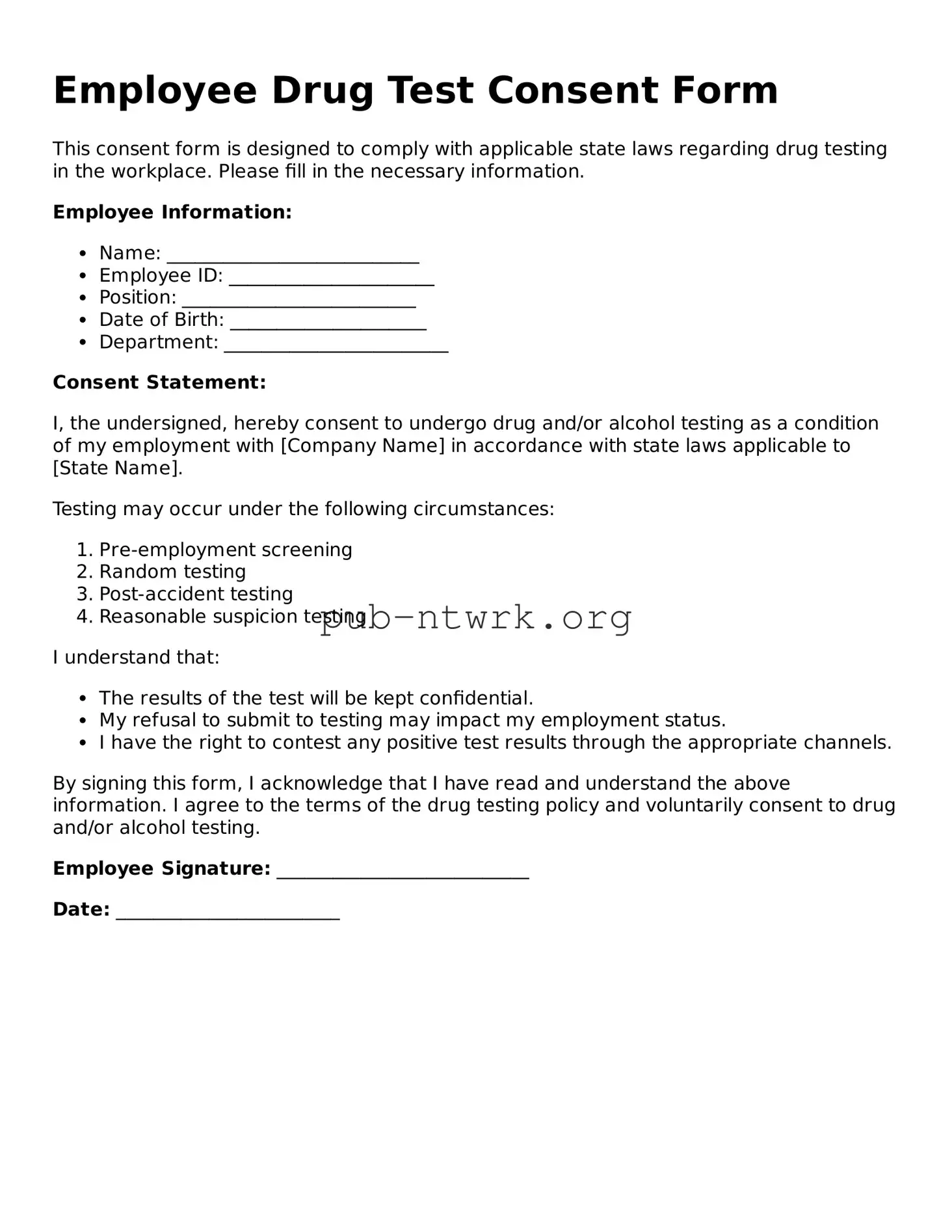 Legal Employee Drug Test Consent Form