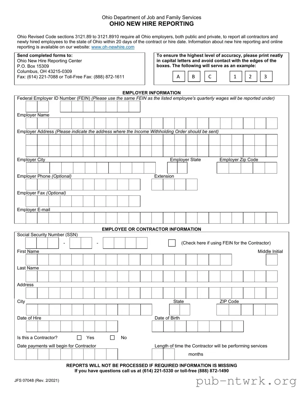 Blank Ohio New Hire Reporting PDF Form