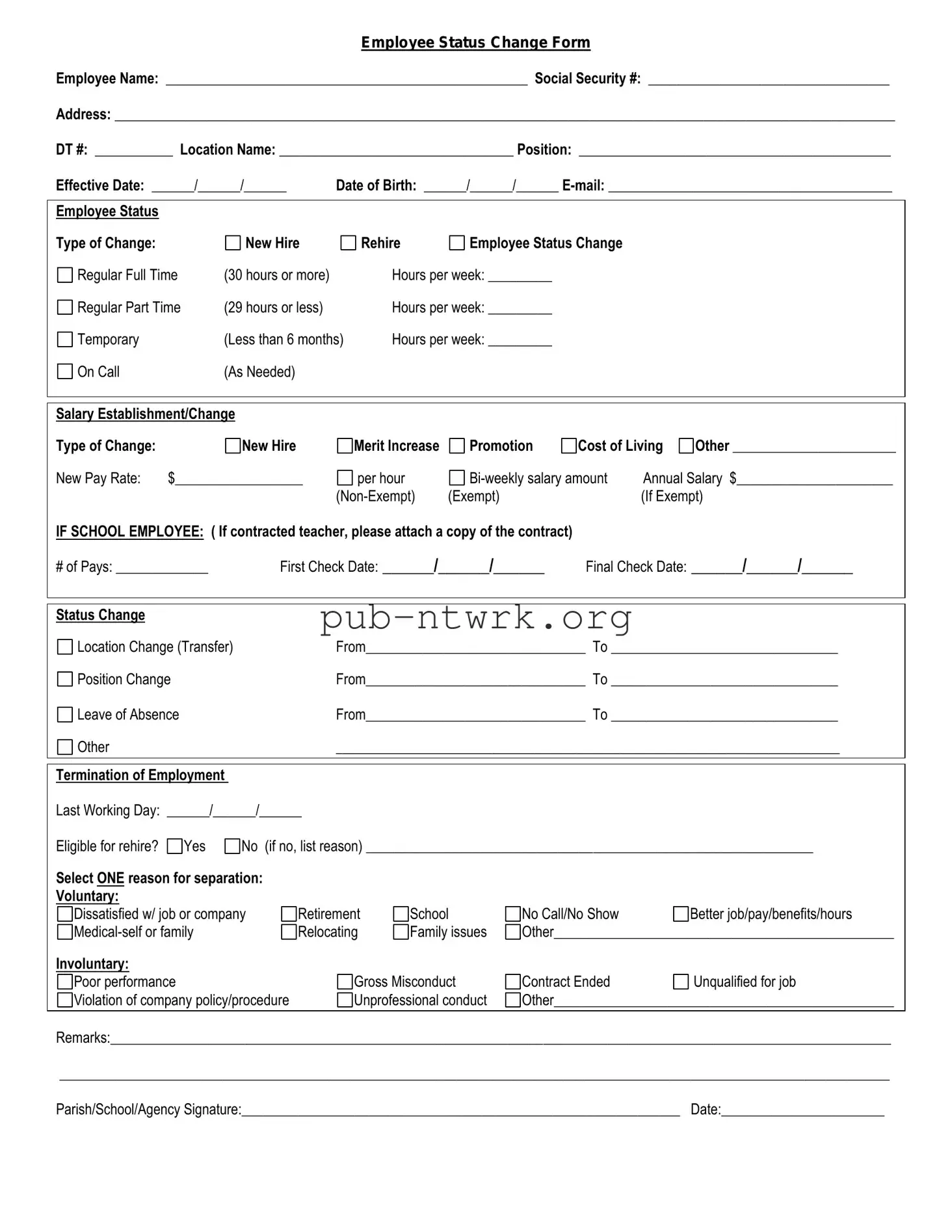 Blank Employee Status Change PDF Form