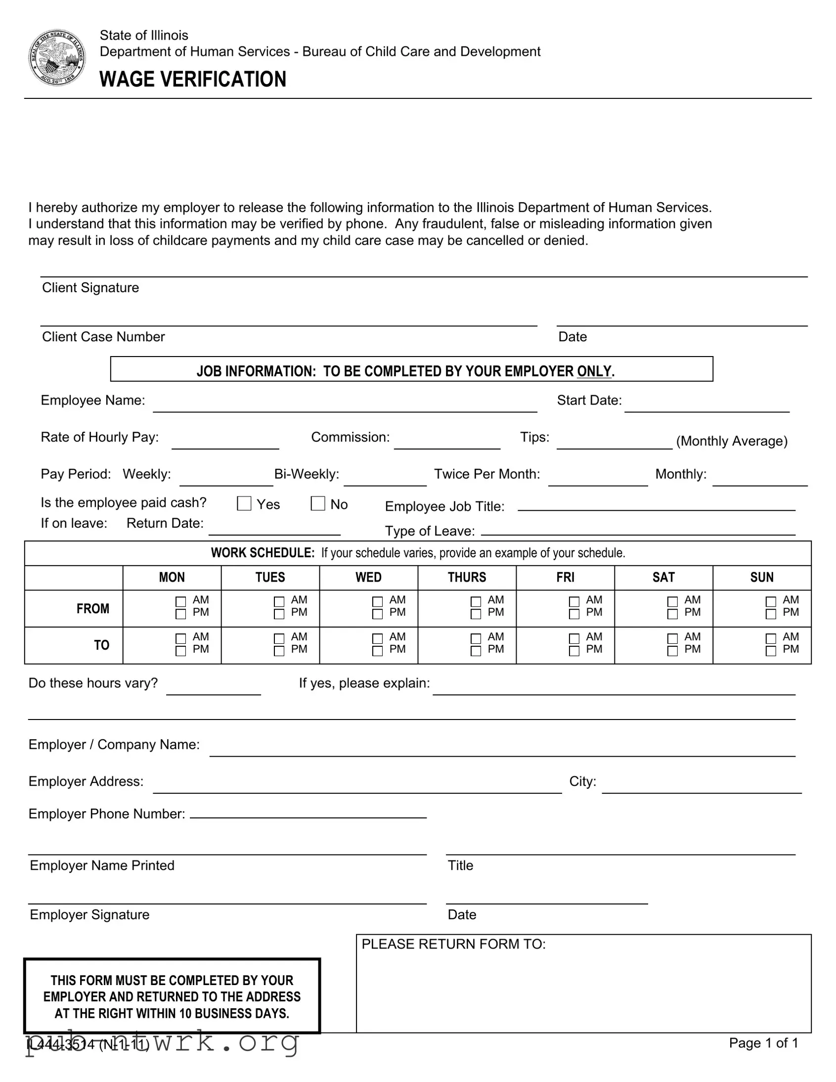 Blank Illinois Wage Verification PDF Form