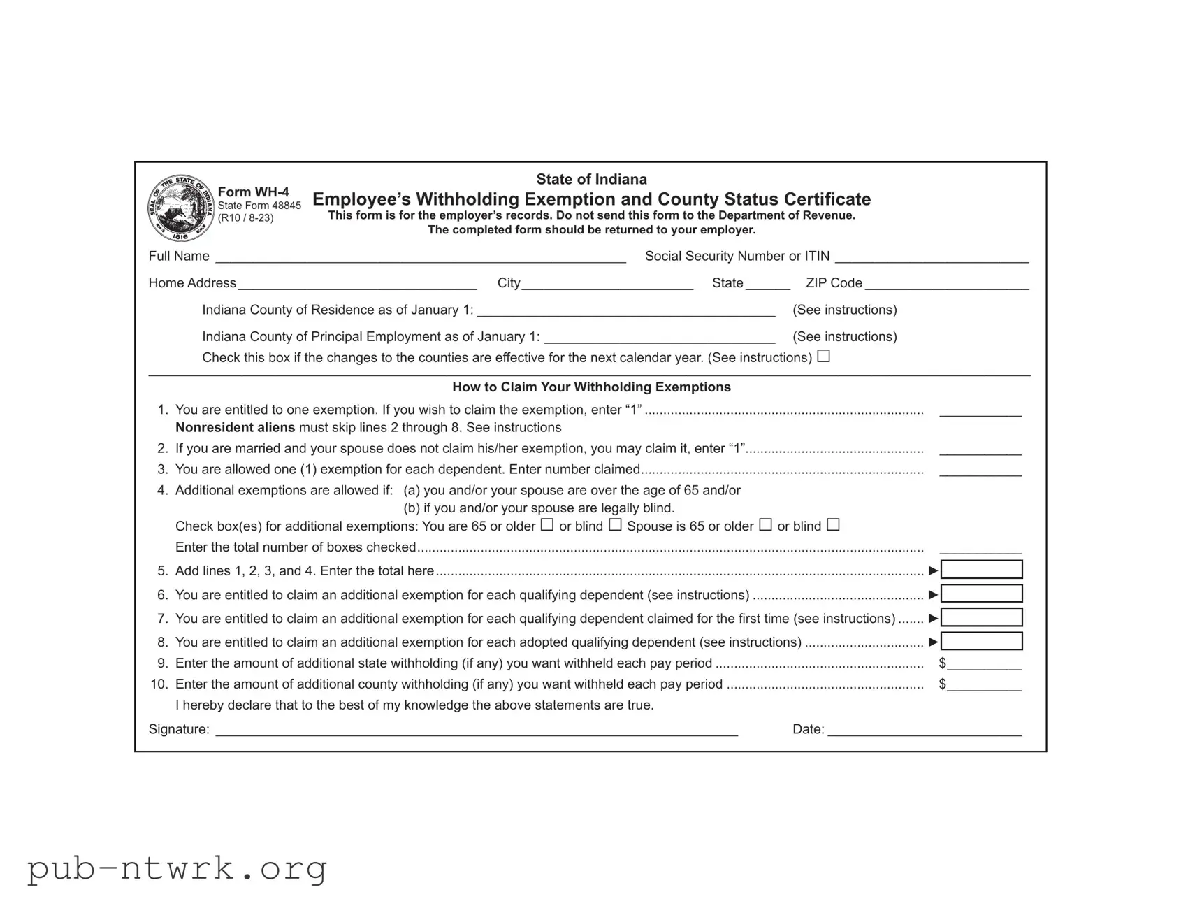Blank Indiana Wh 4 PDF Form