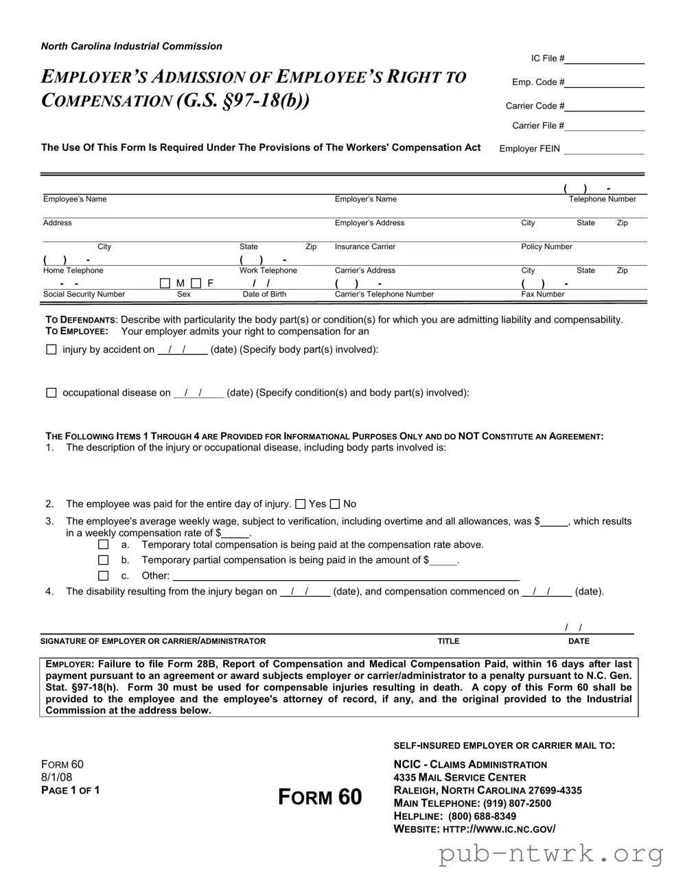 Blank North Carolina 60 PDF Form