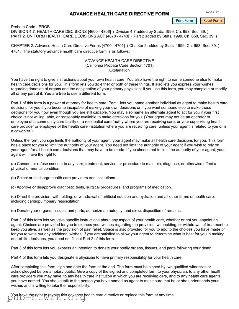 Blank California Advanced Health Care Directive PDF Form