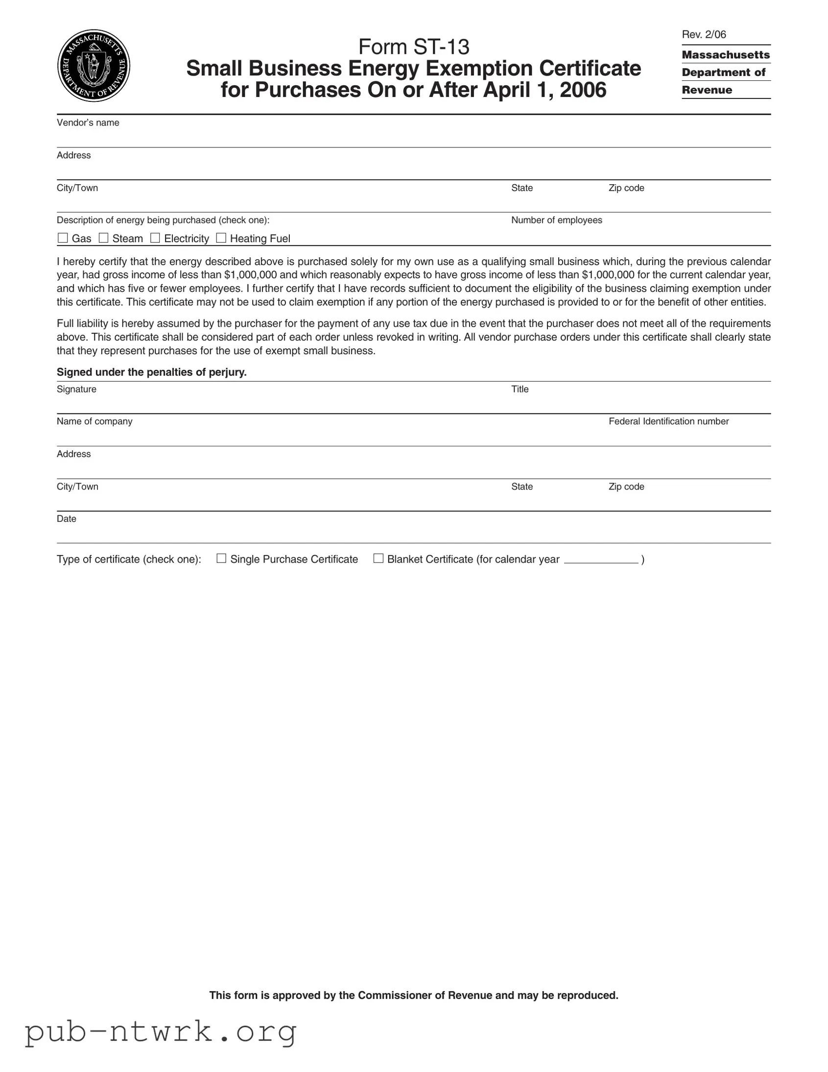 Blank Massachusetts St 13 PDF Form