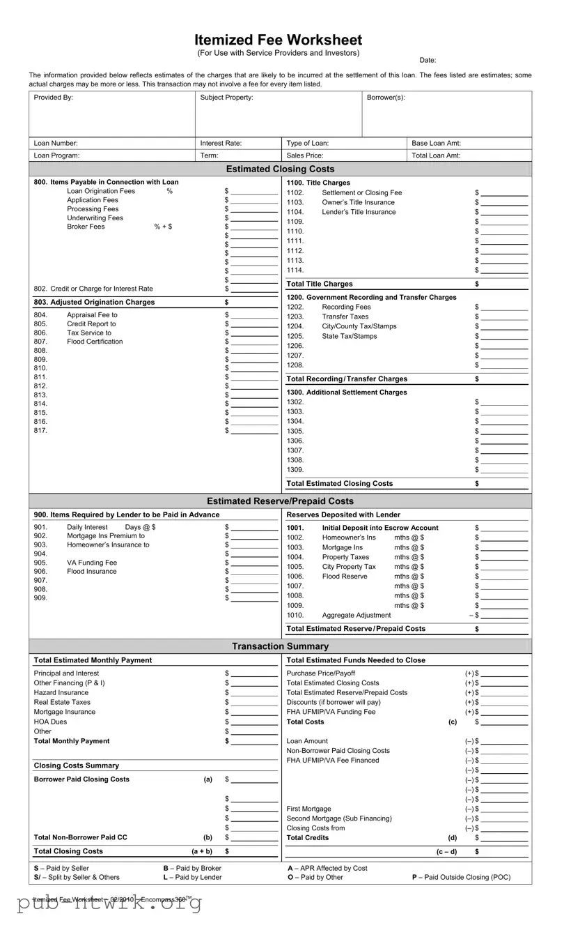 Blank Fee Worksheet PDF Form