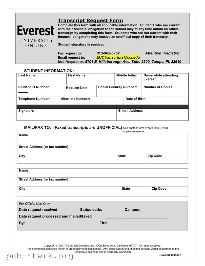 Blank Everest University Transcript PDF Form