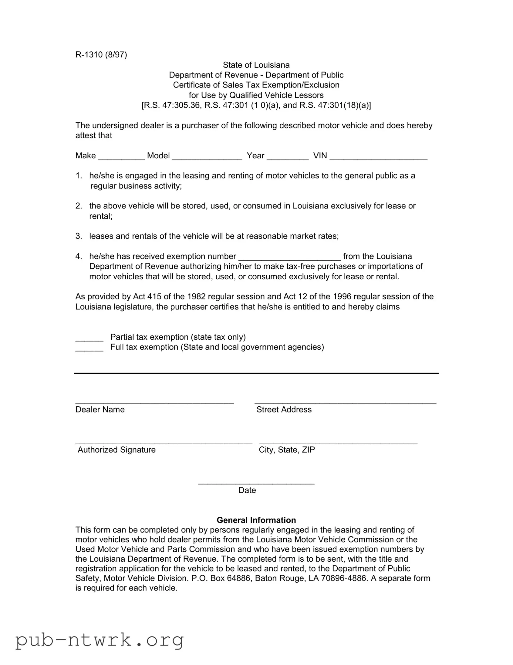 Blank Louisiana R 1310 PDF Form