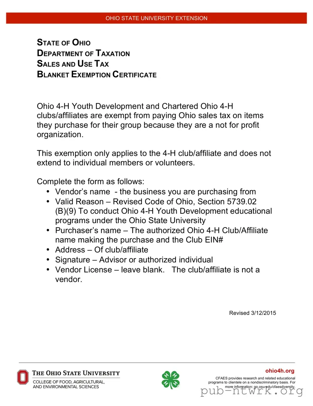 Blank Tax Exempt Ohio PDF Form