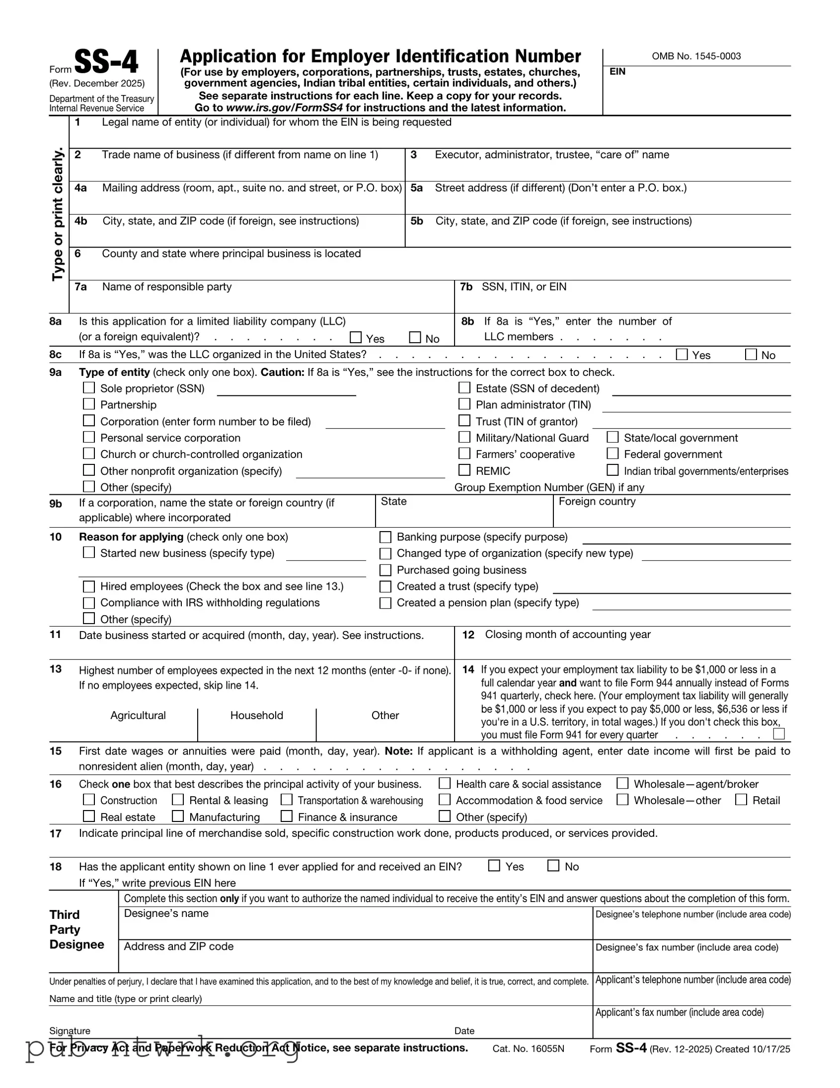 Blank IRS SS-4 PDF Form