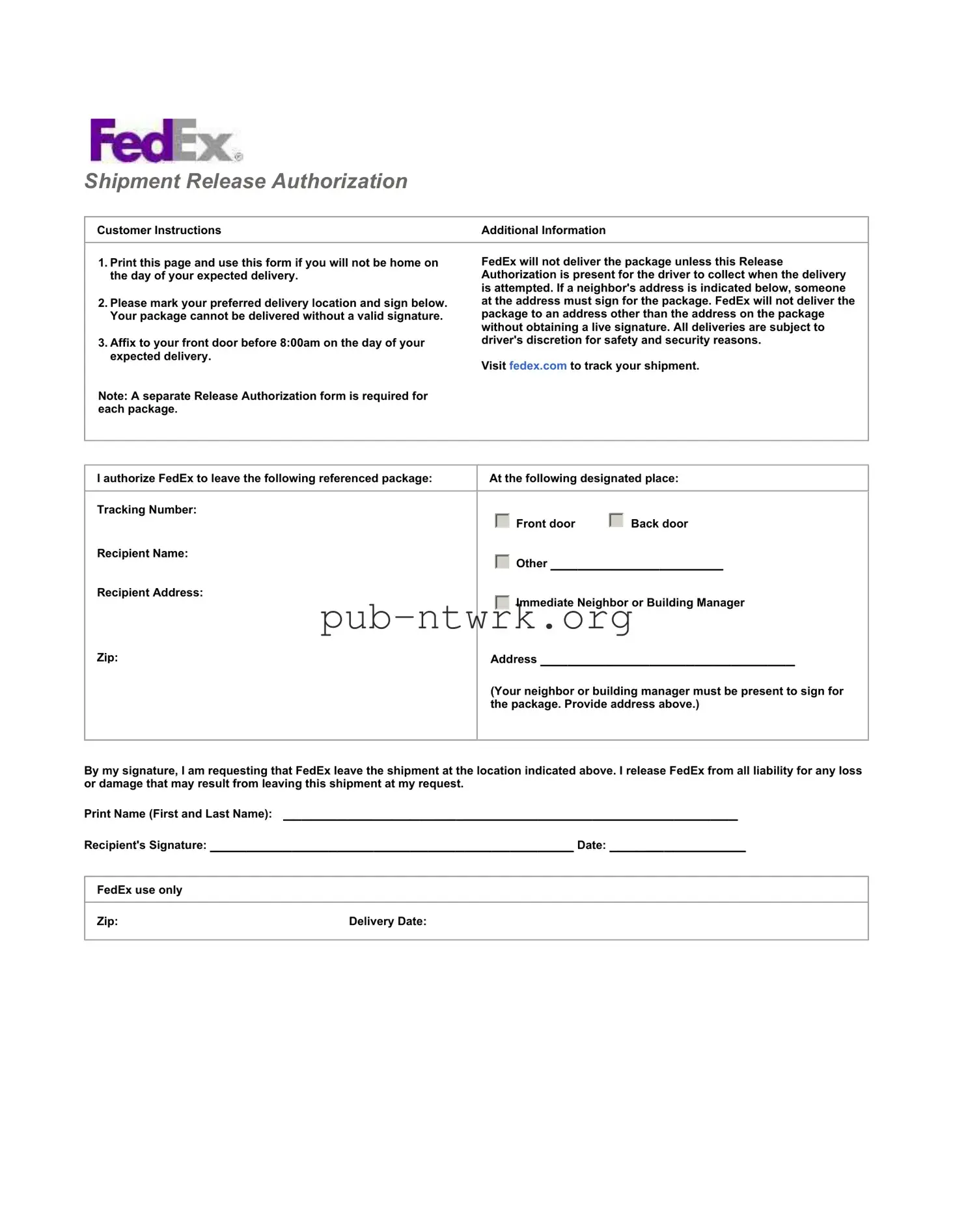 Blank Fedex Release PDF Form