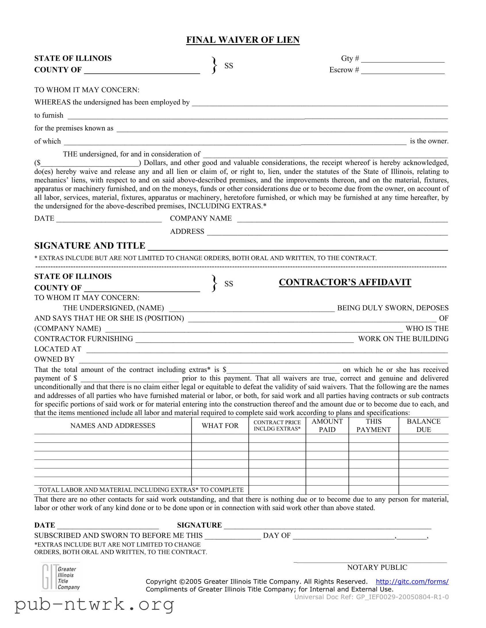 Blank Illinois Final Waiver Of Lien PDF Form