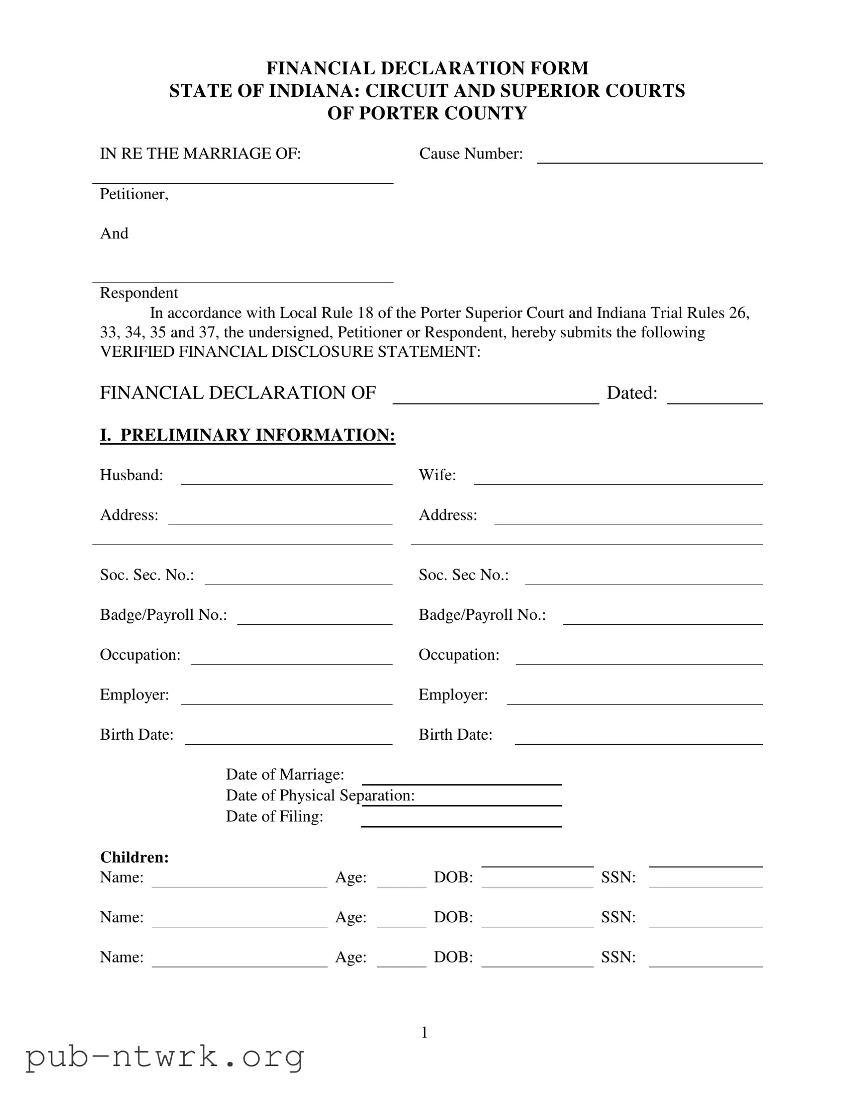 Blank Indiana Financial Declaration PDF Form