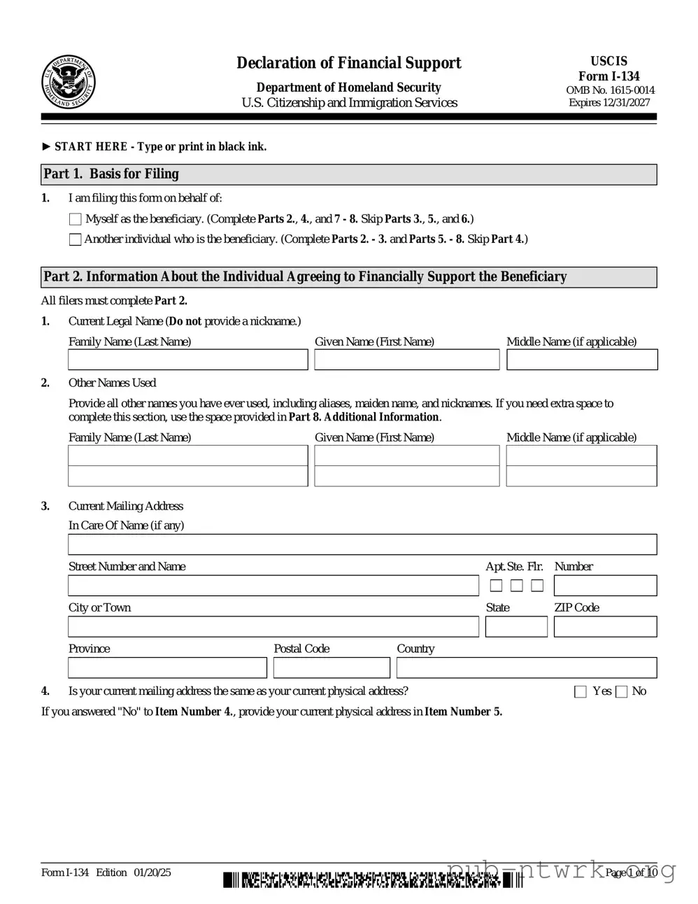 Blank USCIS I-134 PDF Form