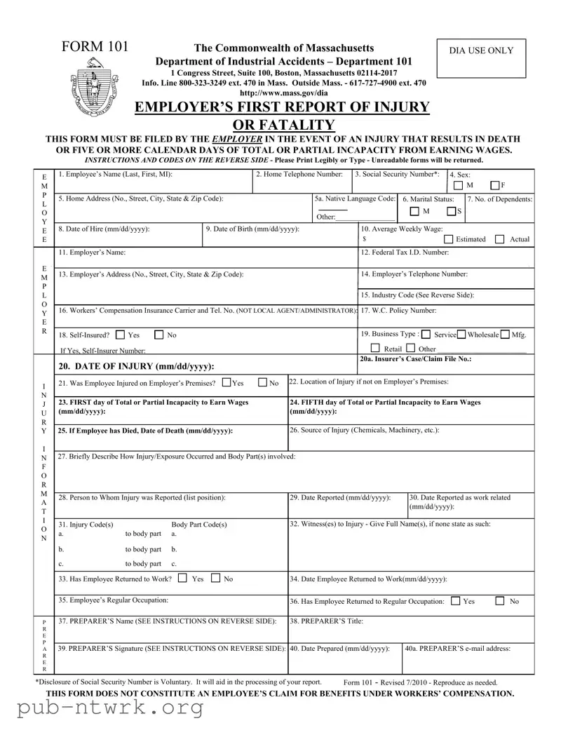 Blank 101 Massachusetts PDF Form