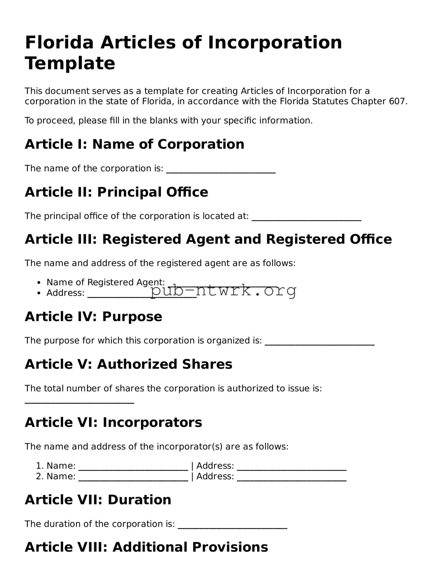 Free Florida Articles of Incorporation Form