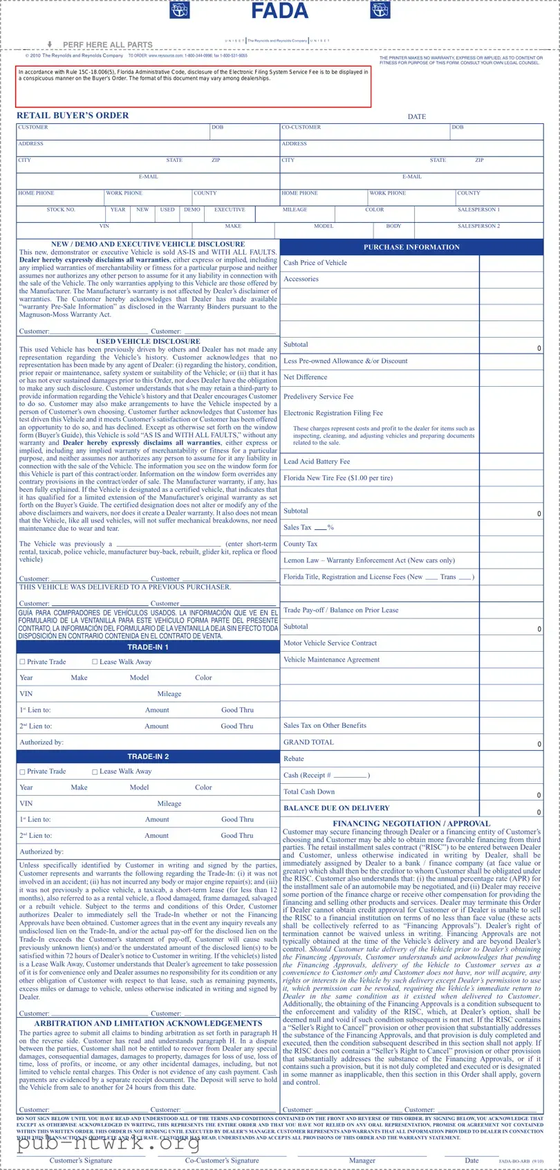 Blank Florida Buyers Order PDF Form