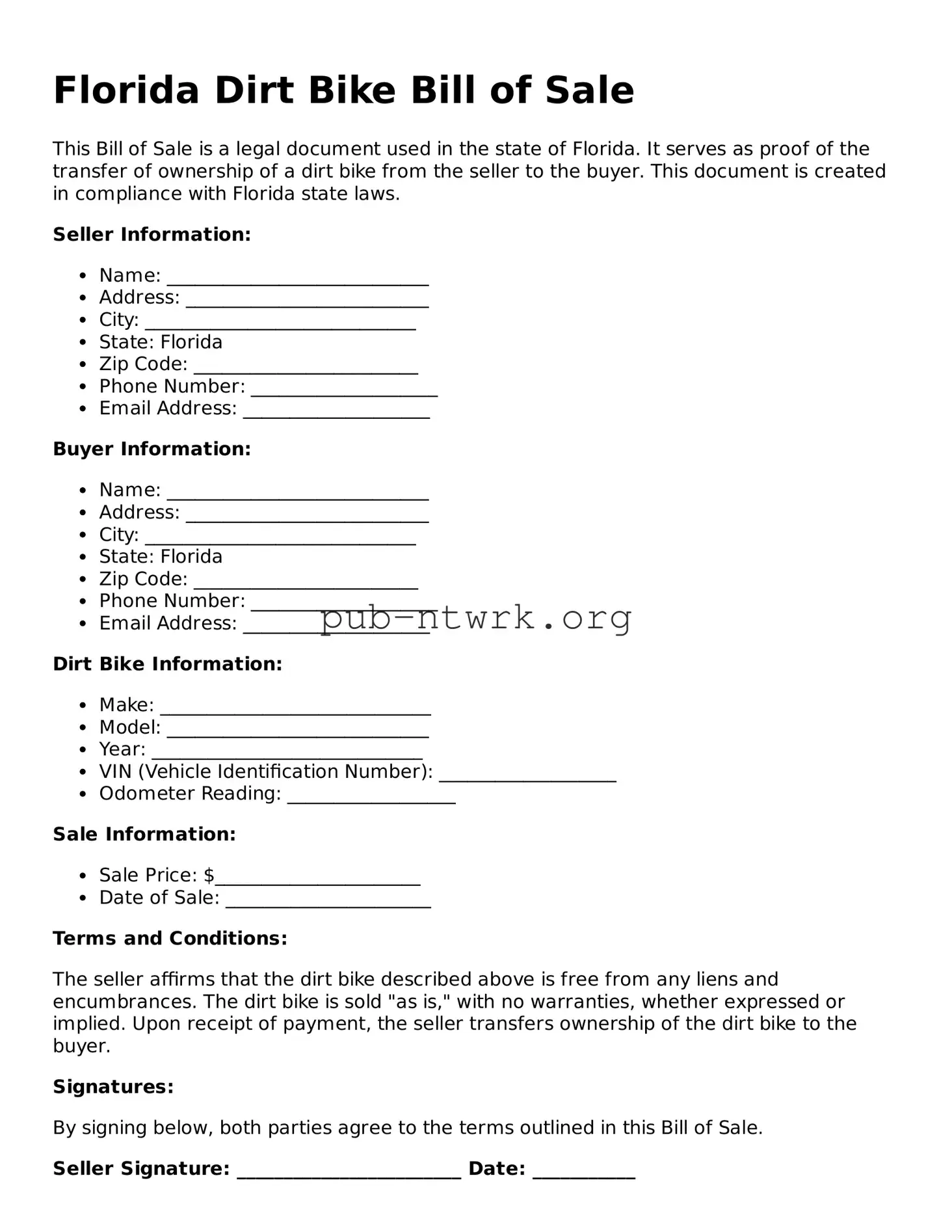 Free Florida Dirt Bike Bill of Sale Form