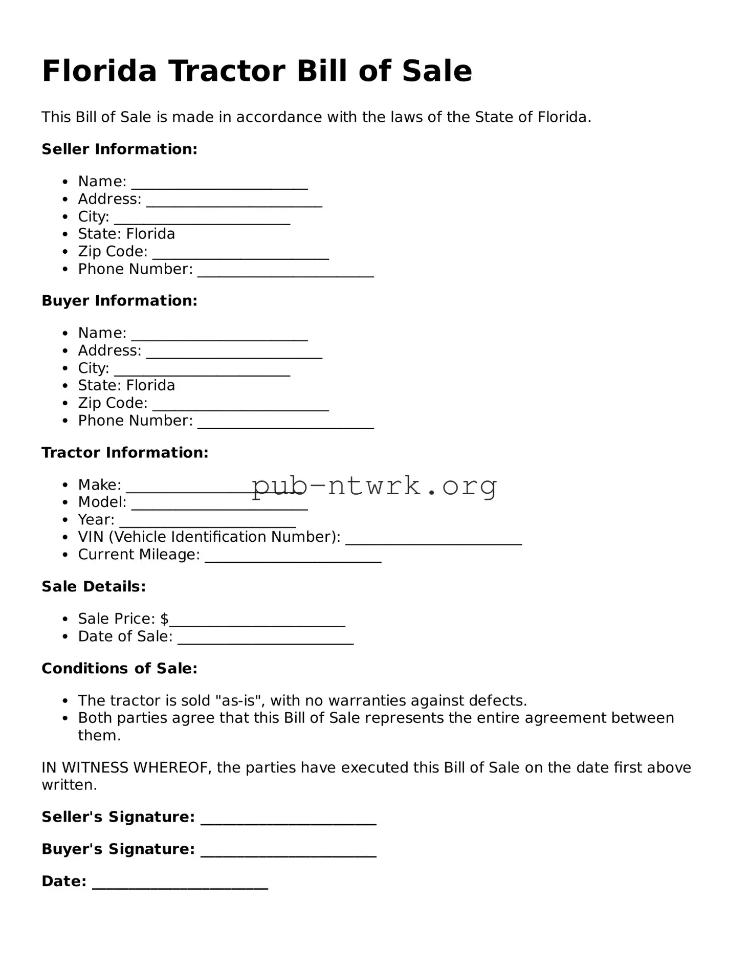 Free Florida Tractor Bill of Sale Form