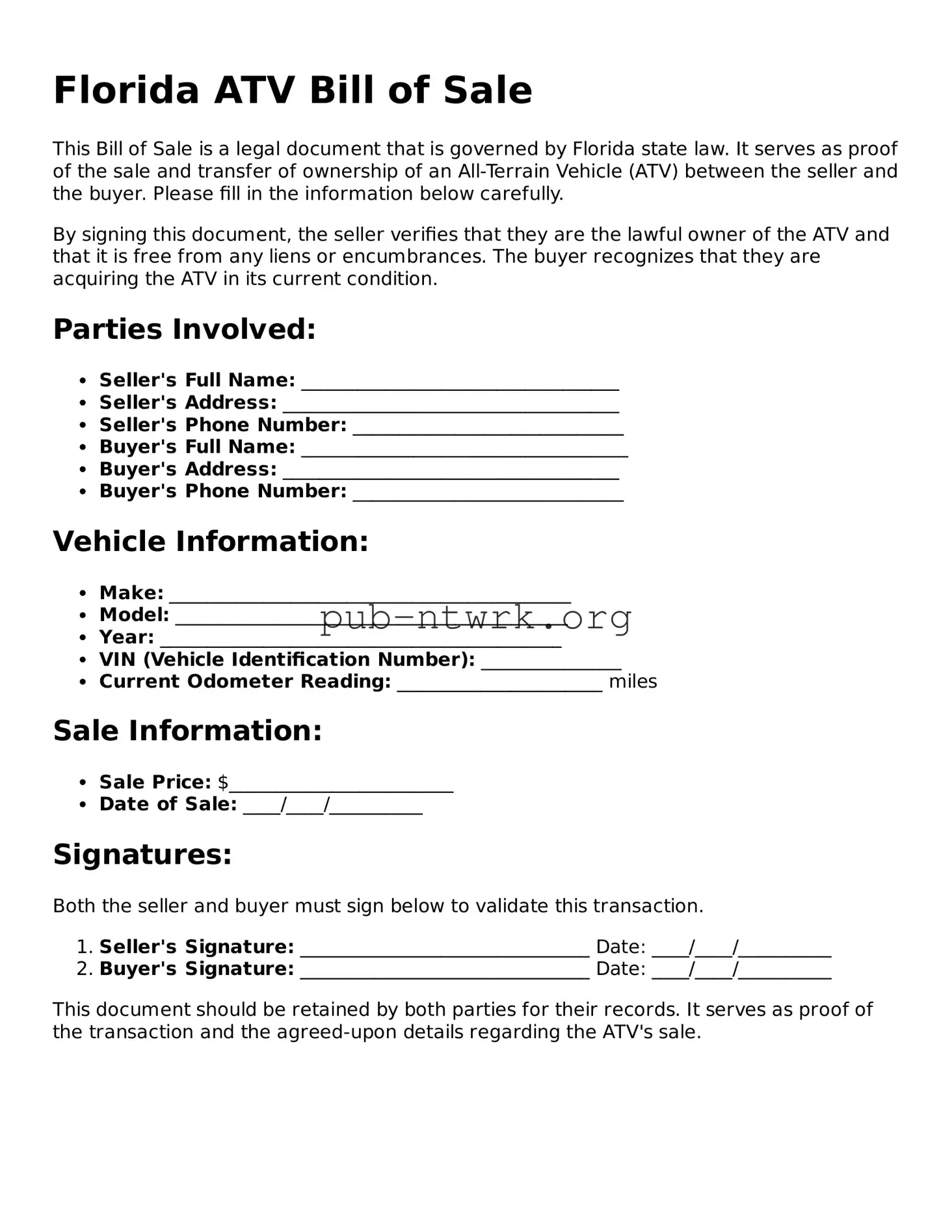 Free Florida ATV Bill of Sale Form