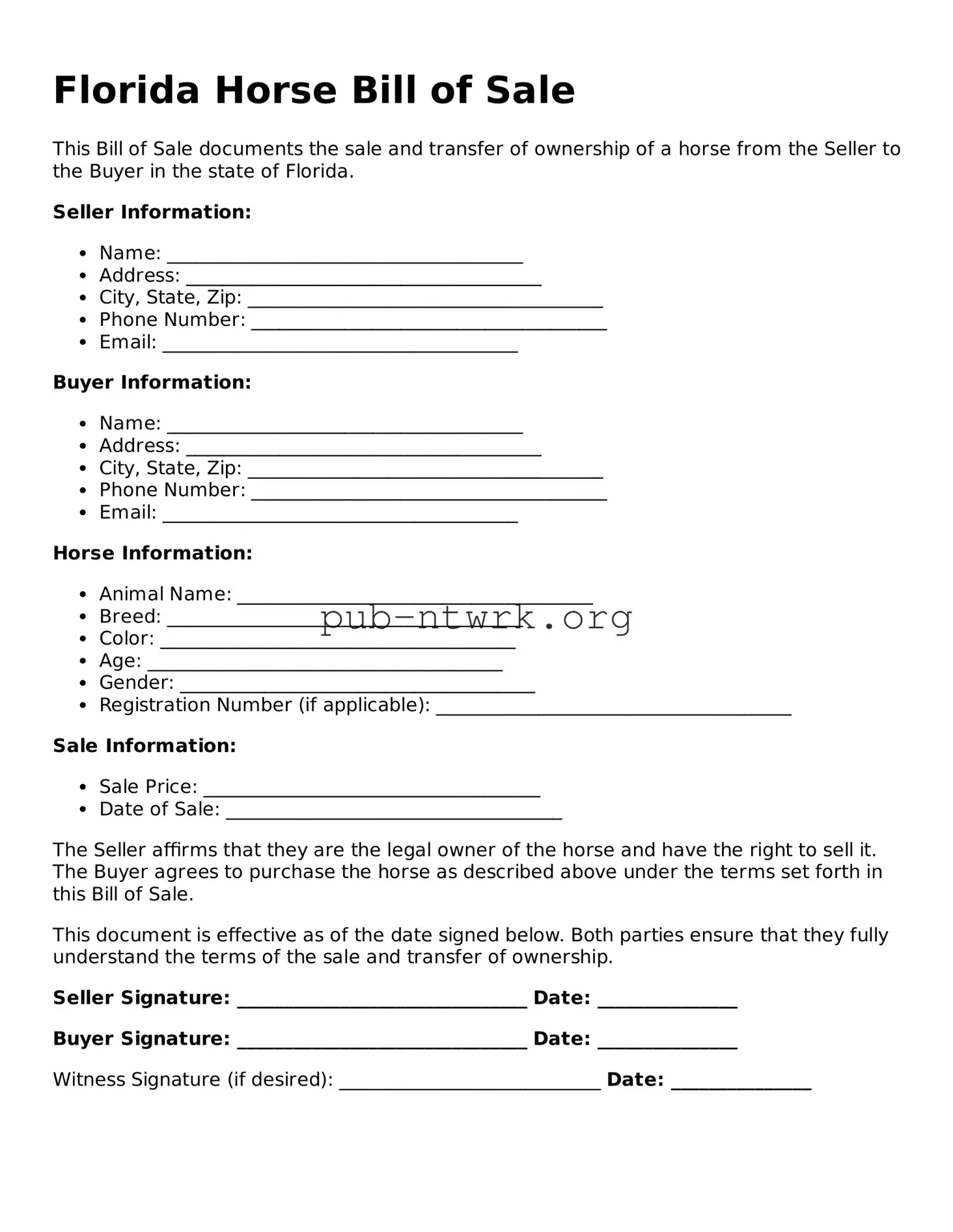 Free Florida Horse Bill of Sale Form