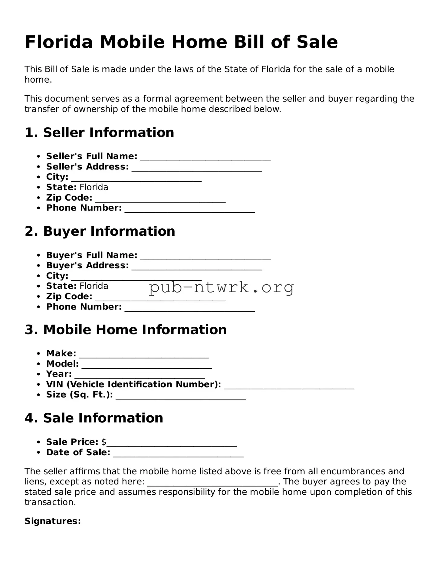 Free Florida Mobile Home Bill of Sale Form