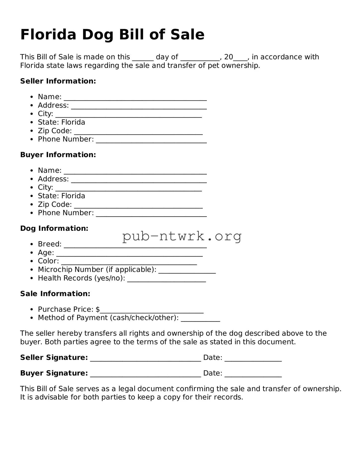 Free Florida Dog Bill of Sale Form