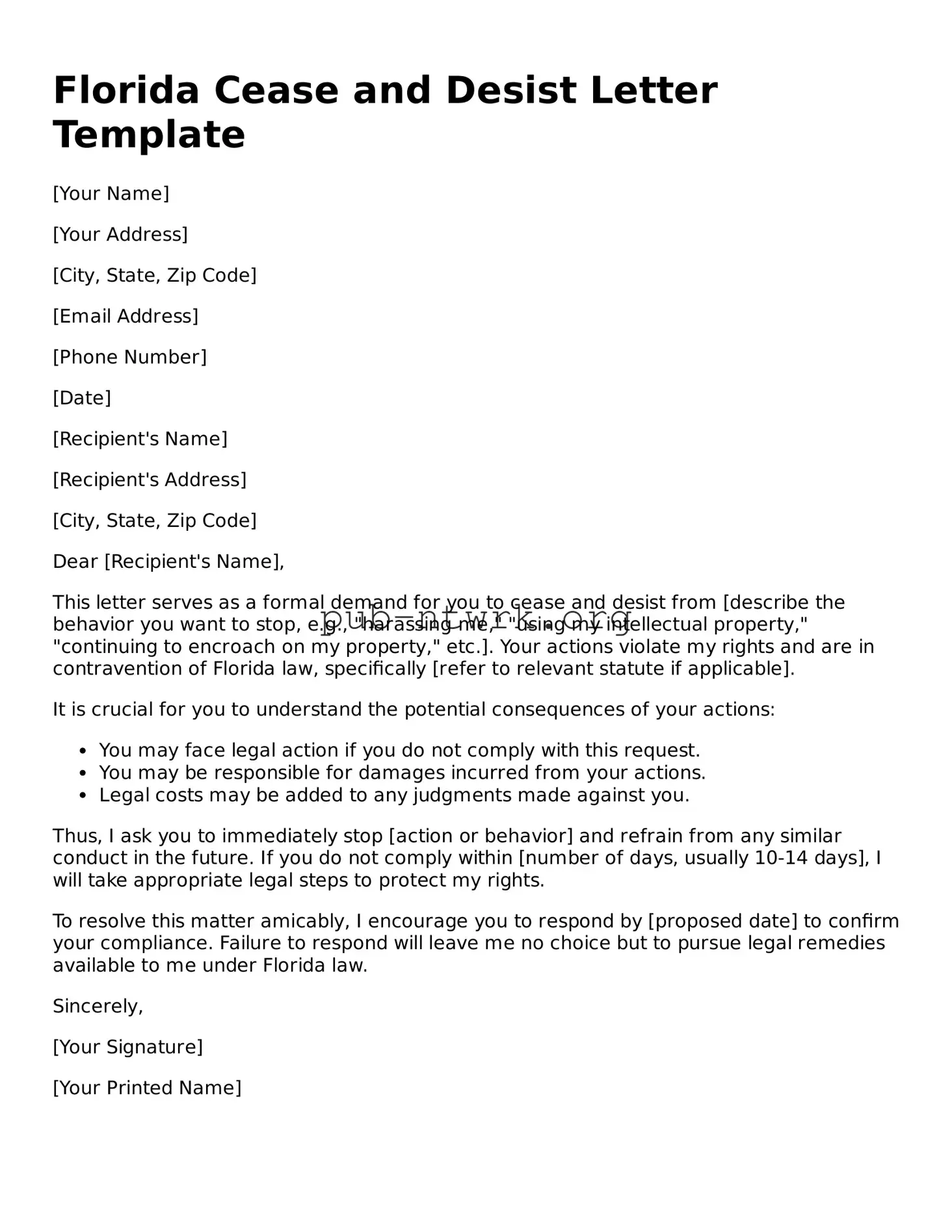 Free Florida Cease and Desist Letter Form