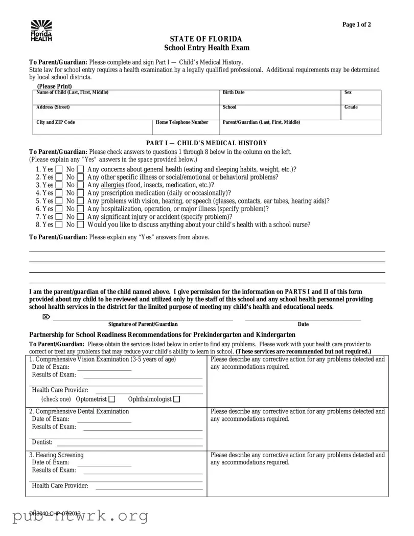 Blank Florida Health PDF Form
