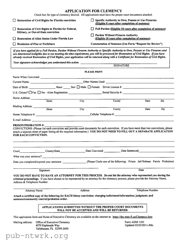 Blank Florida Clemency Application PDF Form