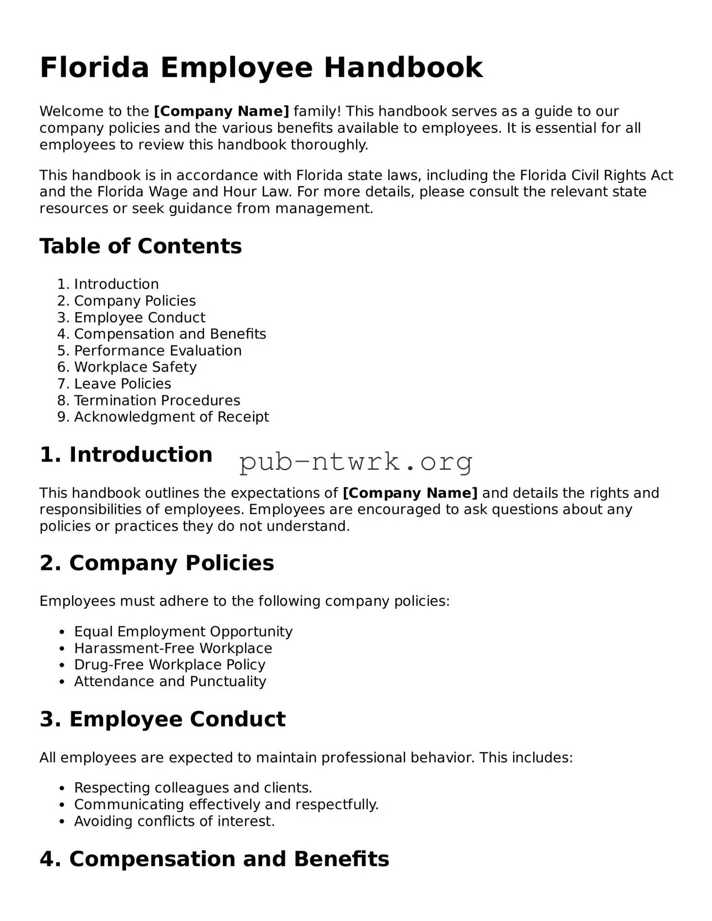 Free Florida Employee Handbook Form
