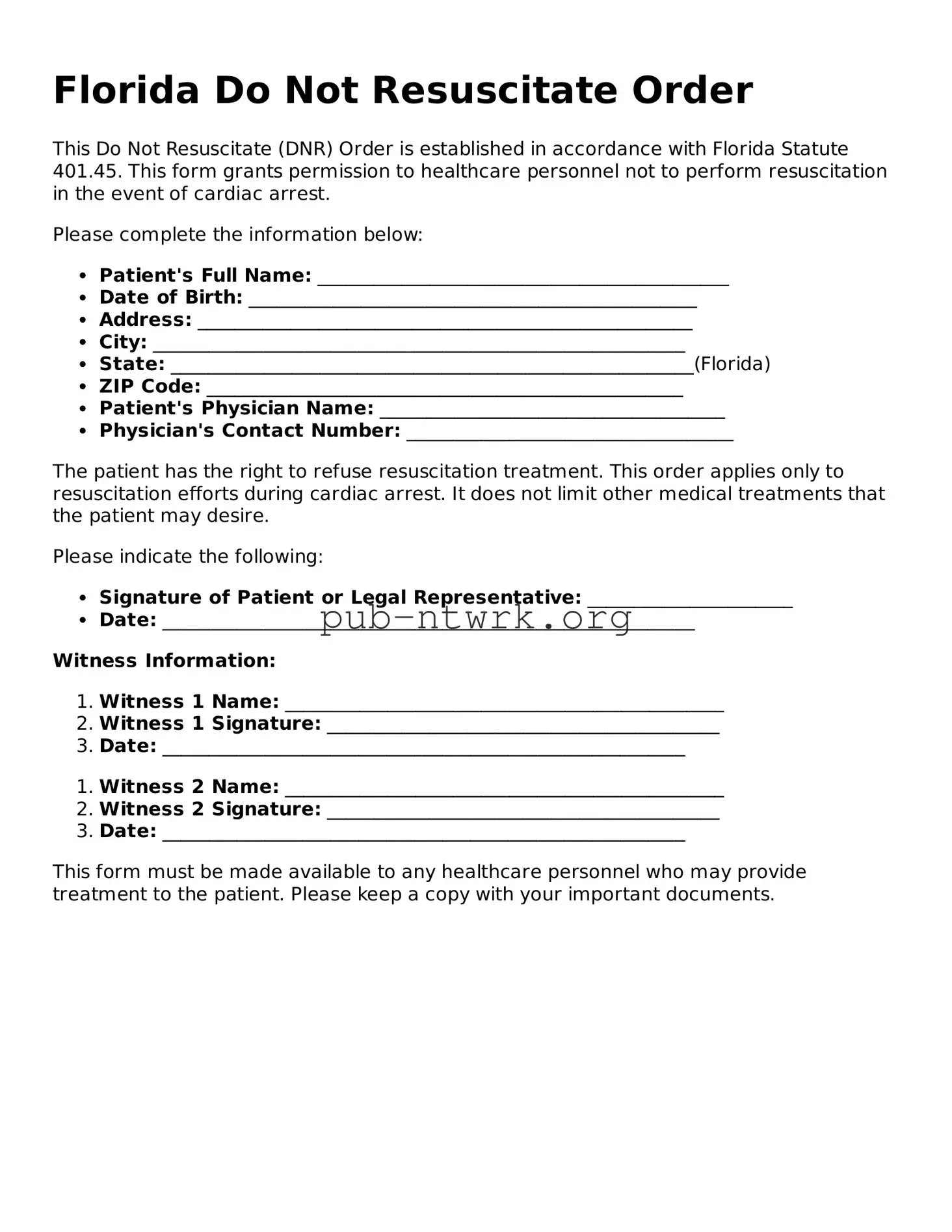 Free Florida Do Not Resuscitate Order Form