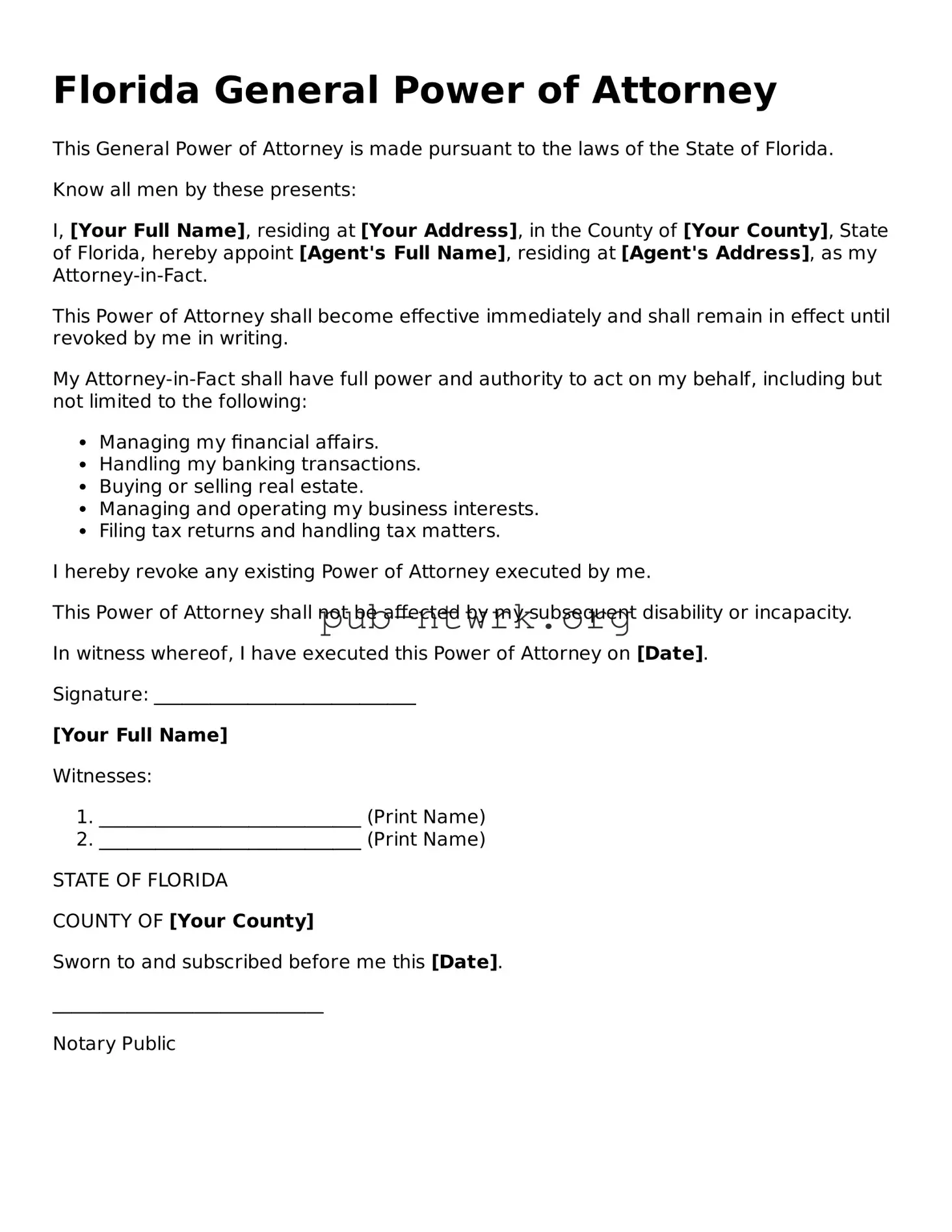 Free Florida General Power of Attorney Form