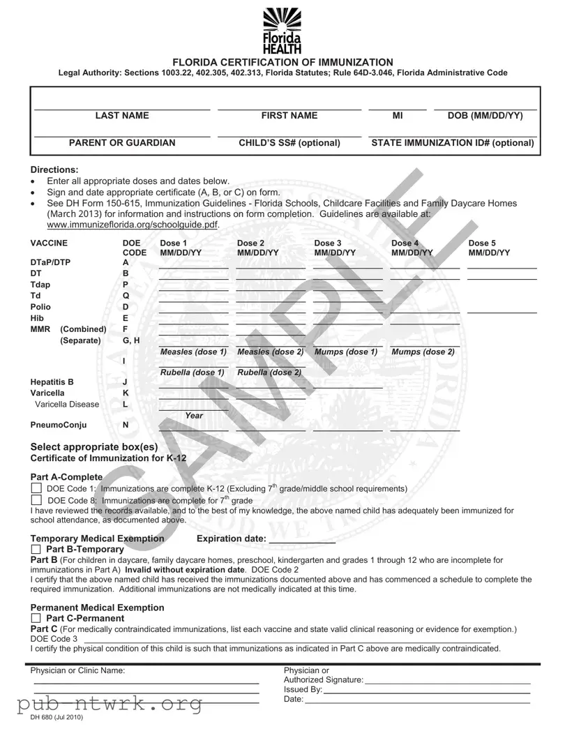 Blank Florida Medical Exemption Vaccine PDF Form
