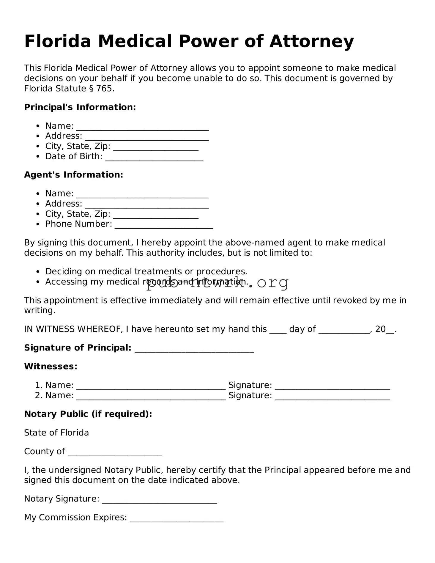 Free Florida Medical Power of Attorney Form