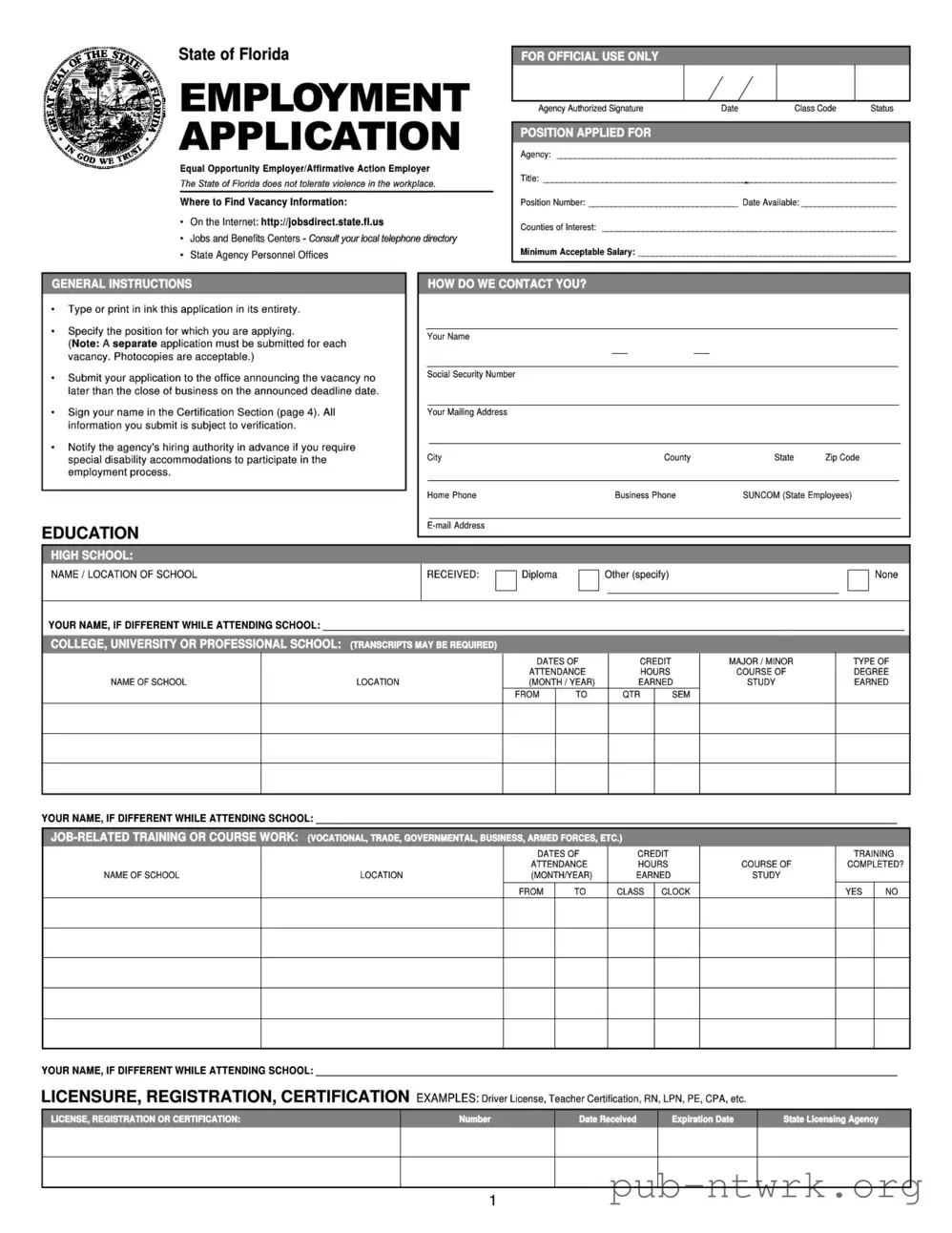 Blank State Florida Employment Application PDF Form