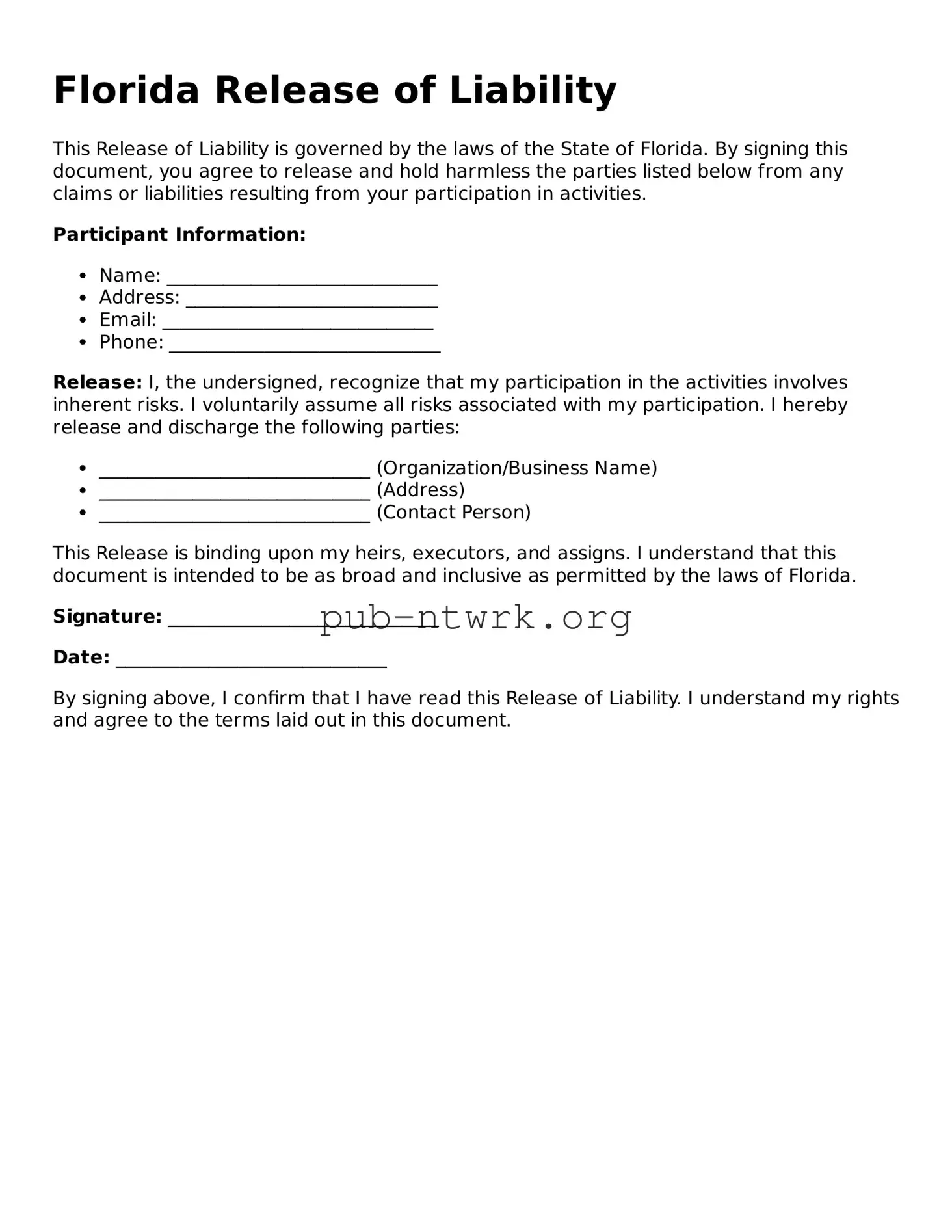 Free Florida Release of Liability Form