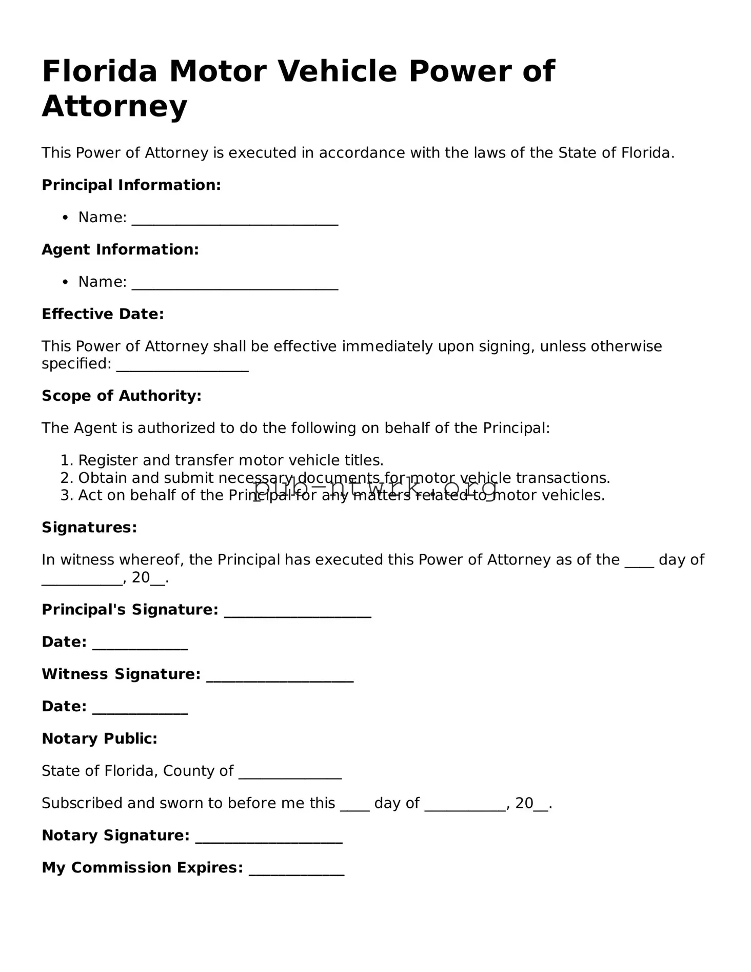 Free Florida Motor Vehicle Power of Attorney Form