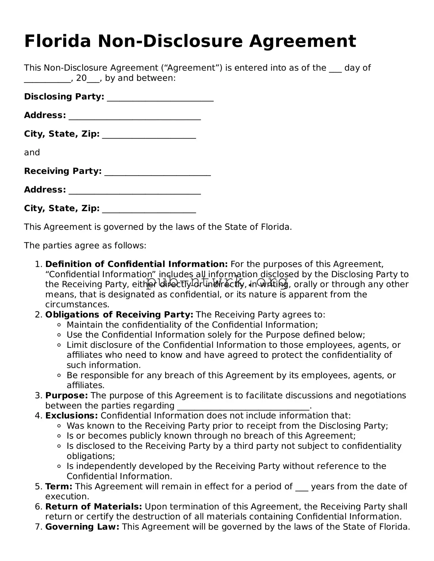 Free Florida Non-disclosure Agreement Form