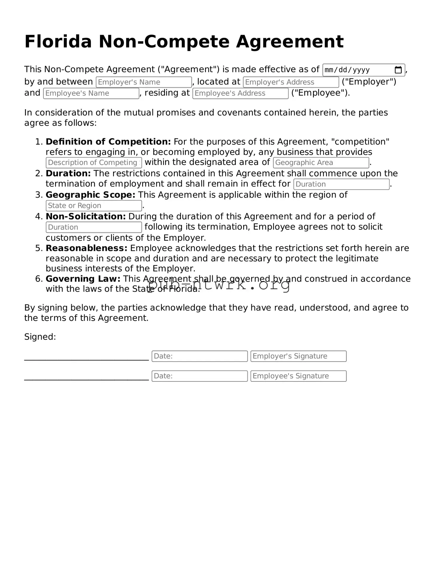 Free Florida Non-compete Agreement Form