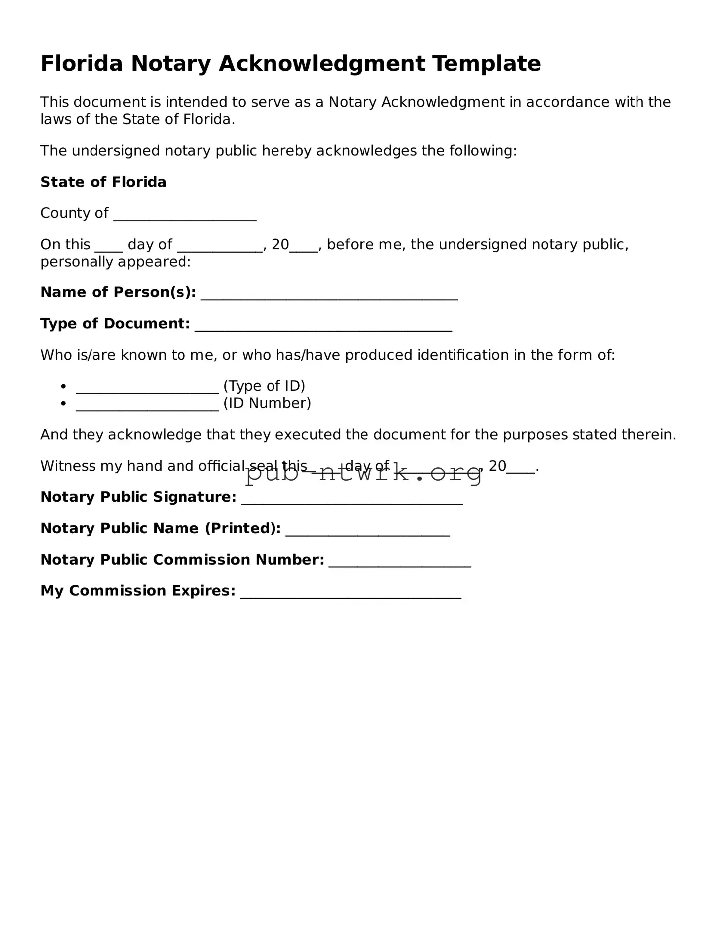 Free Florida Notary Acknowledgement Form
