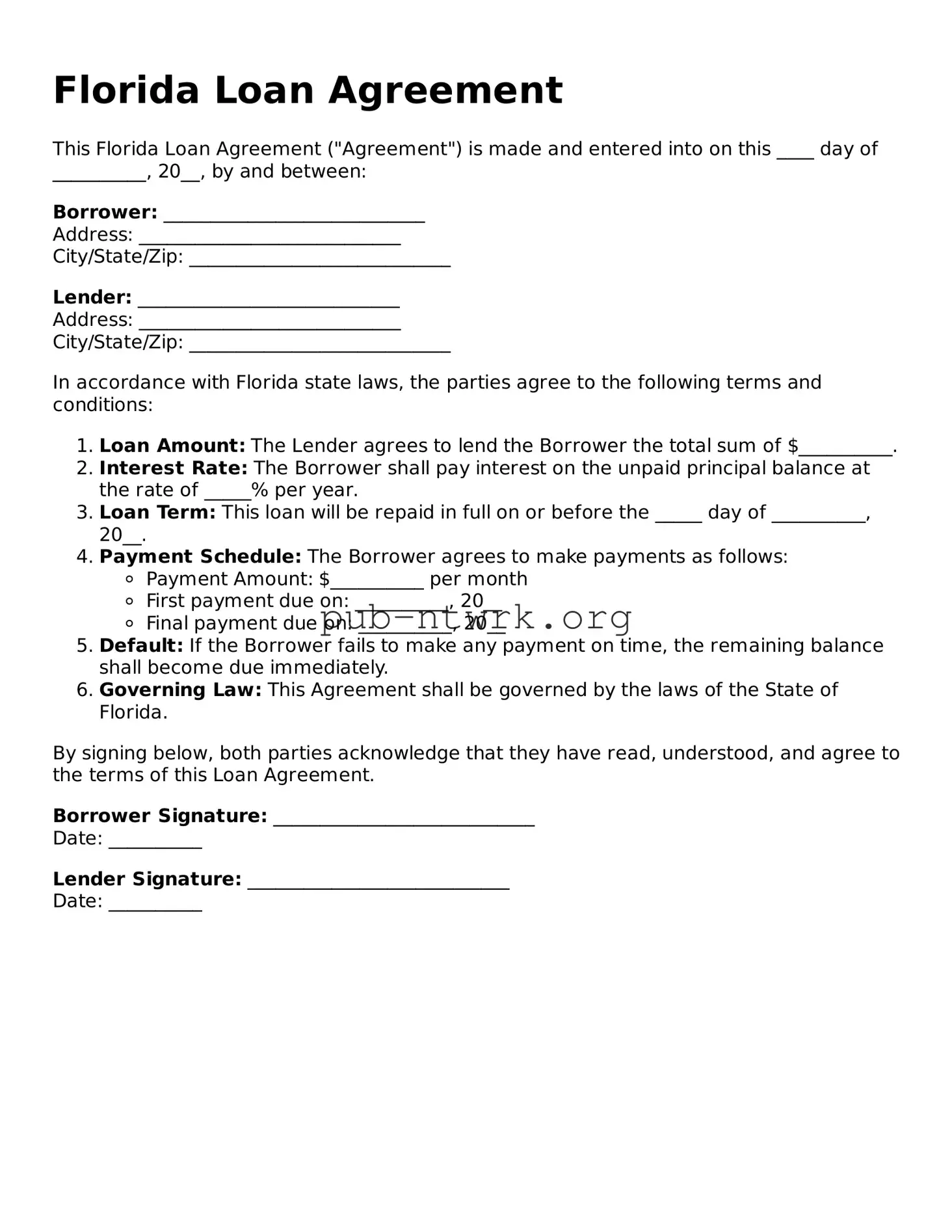 Free Florida Loan Agreement Form