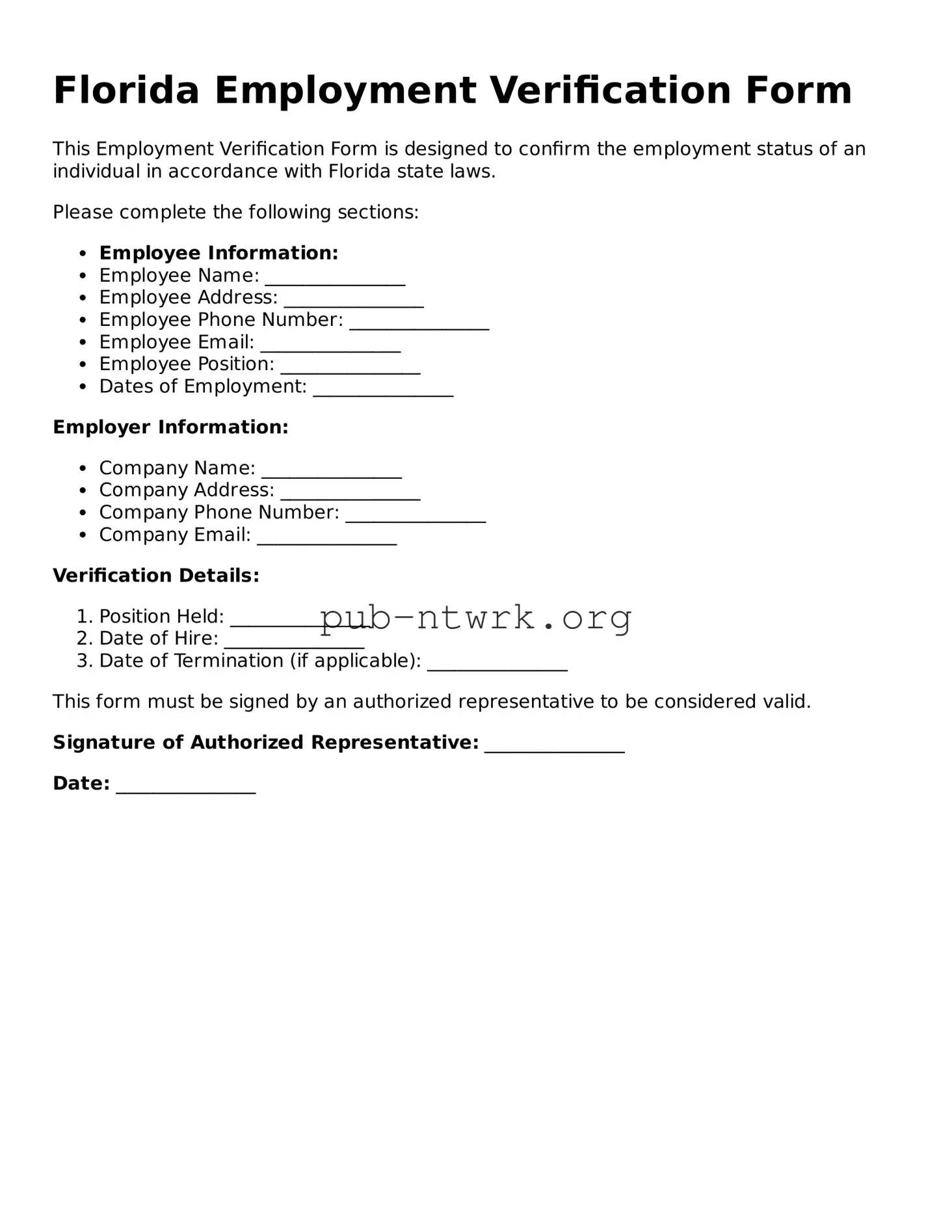 Free Florida Employment Verification Form