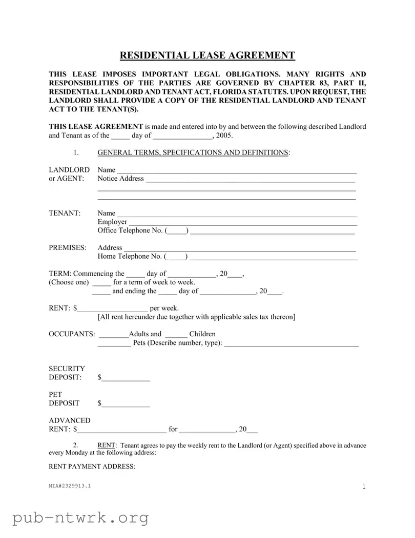 Blank Florida Residential Agreement PDF Form