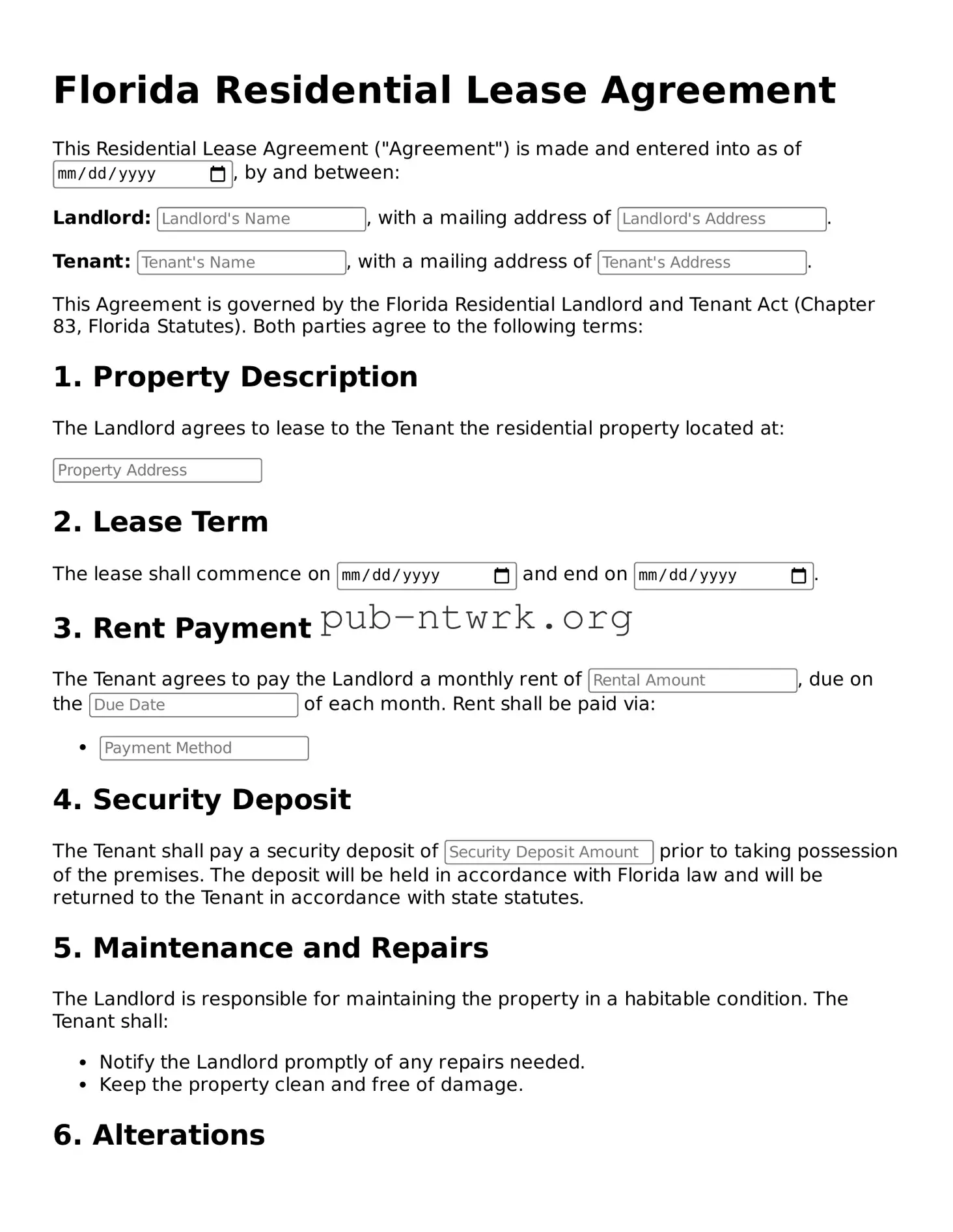 Free Florida Residential Lease Agreement Form