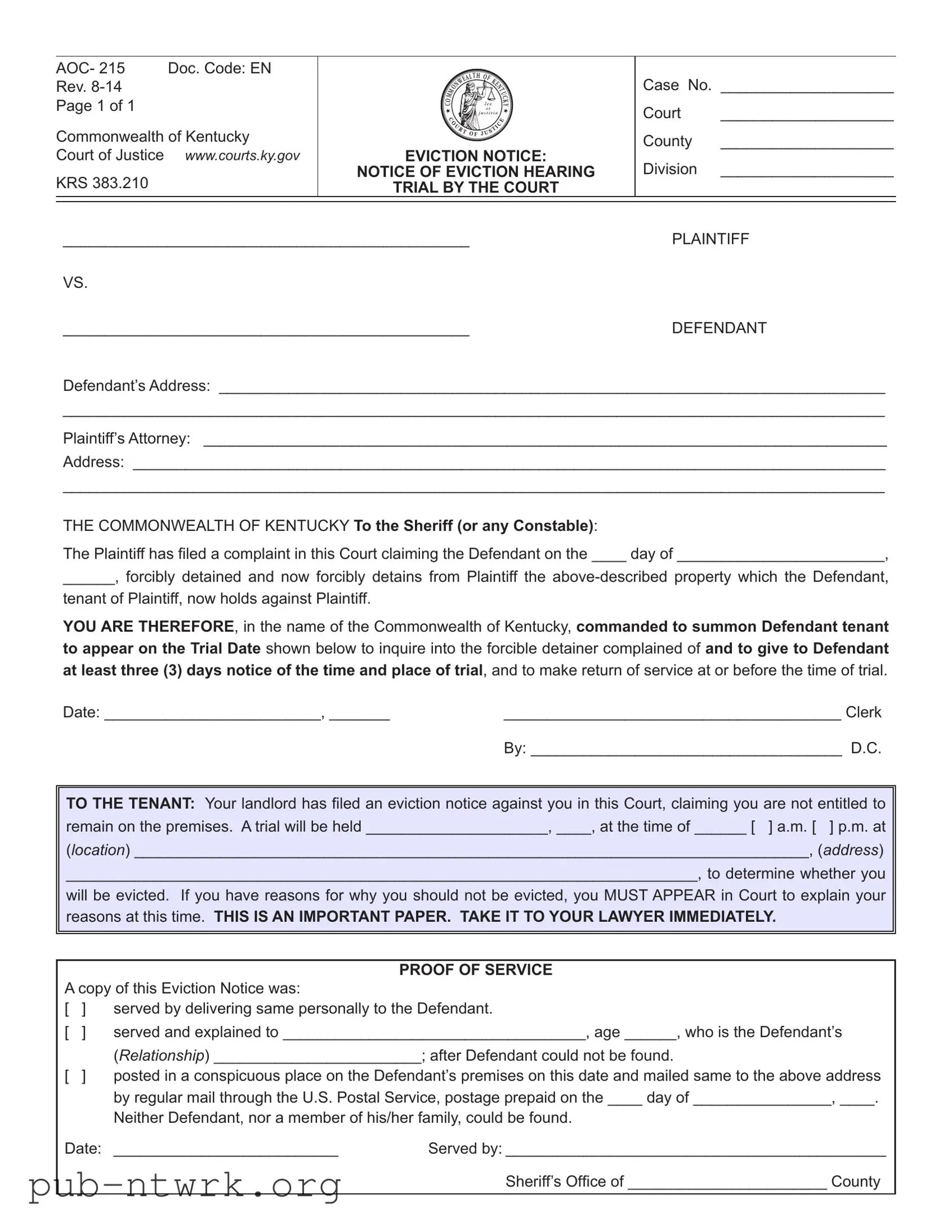 Blank Kentucky Aoc 215 PDF Form