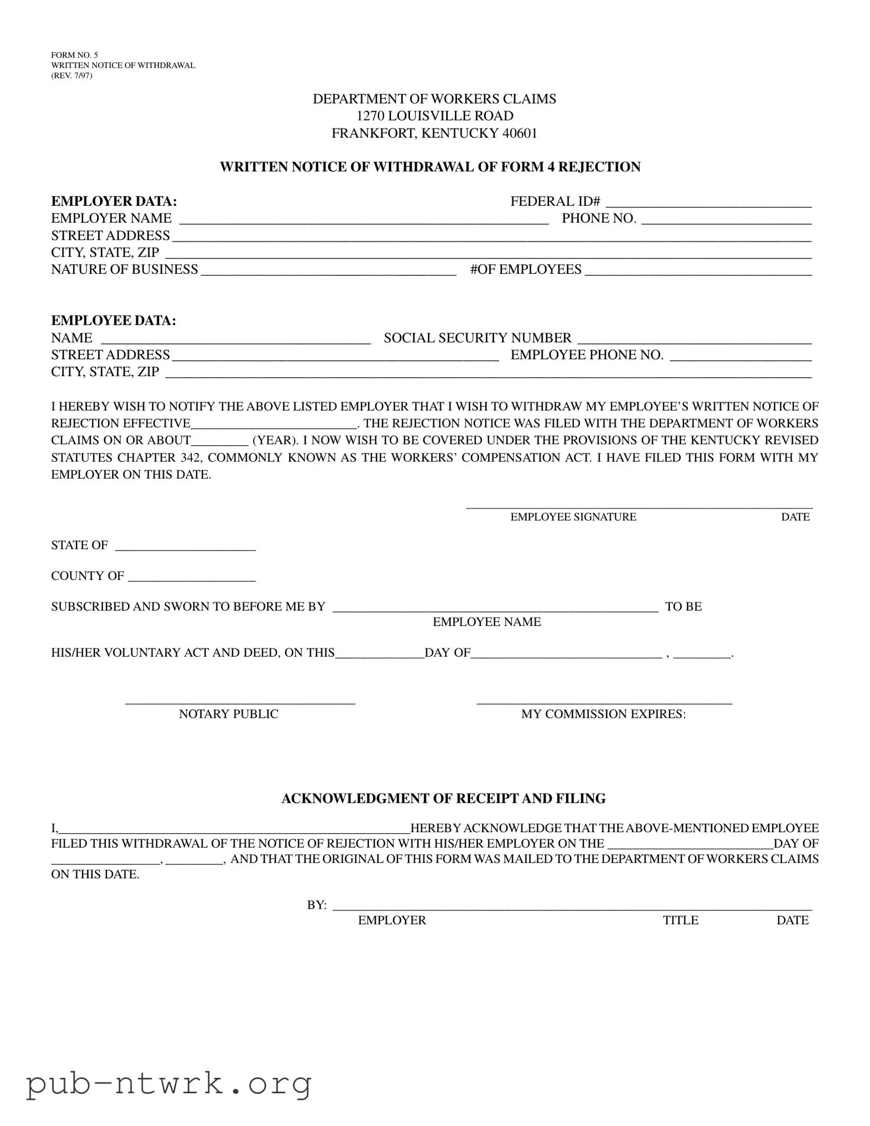 Blank Kentucky 5 PDF Form