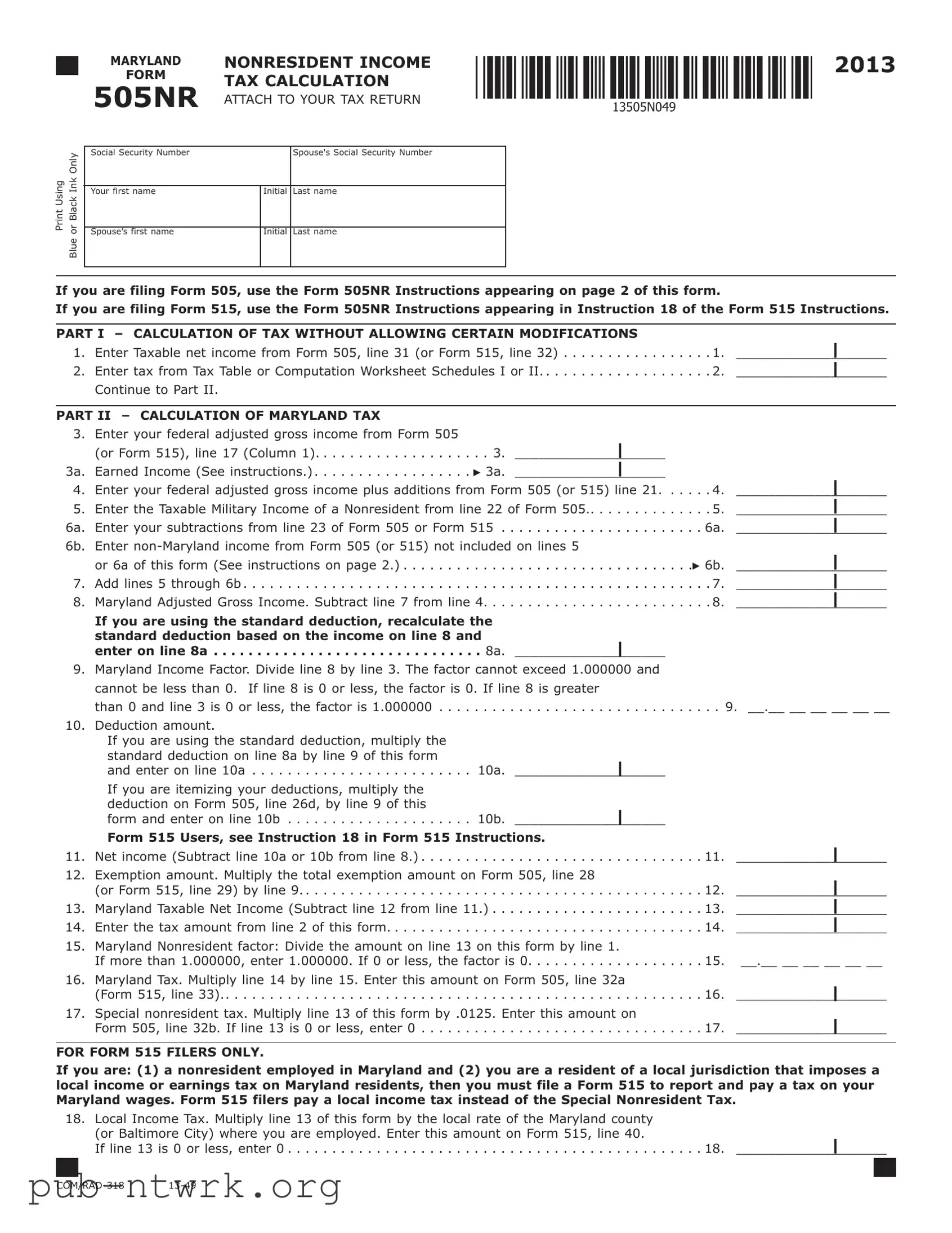 Blank Maryland 505Nr PDF Form