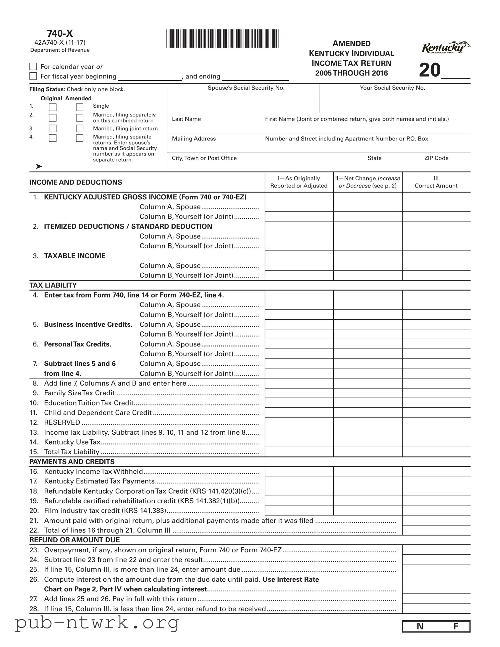 Blank Kentucky 740 X PDF Form