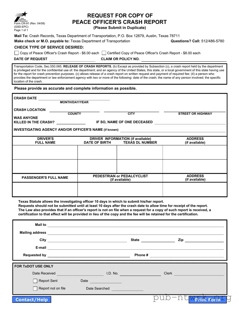 Blank Texas Cr 91 PDF Form